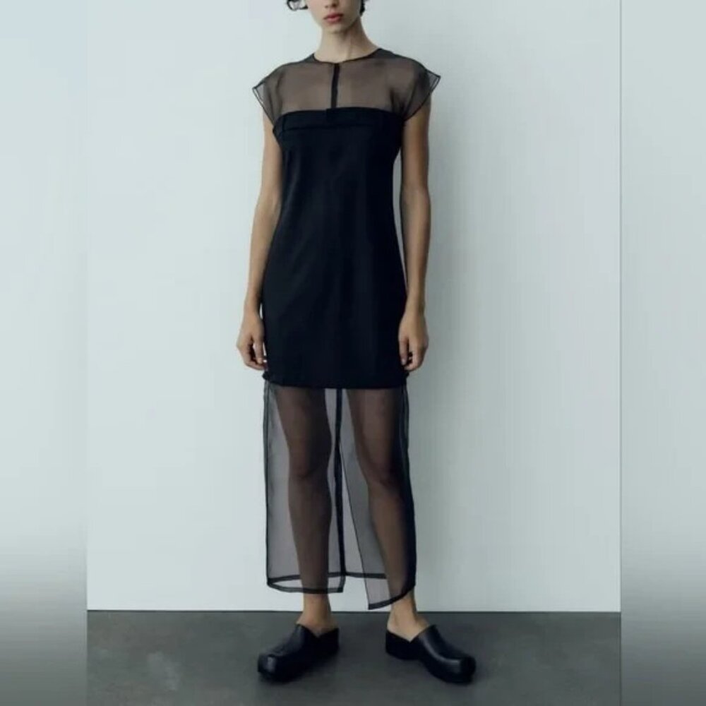 Zara Womens Midi Dress M Medium Black Round Neck Layered Sheer 8480/031 NWD